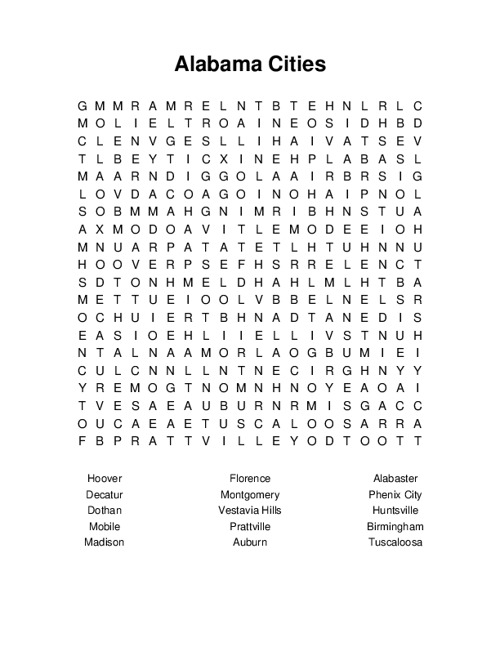Alabama Cities Word Search Puzzle