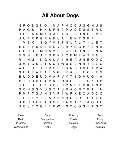 All About Dogs Word Search Puzzle