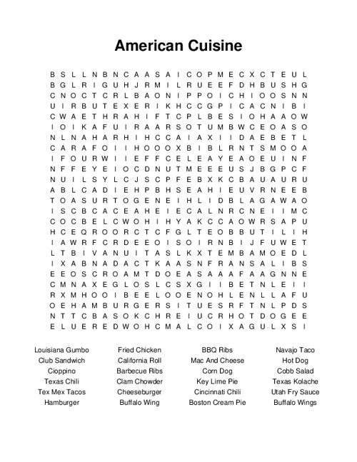 American Cuisine Word Search Puzzle