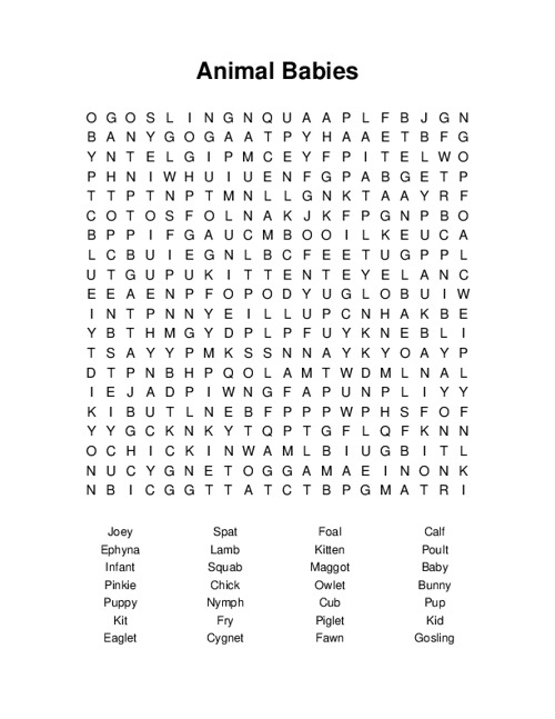 Animal Babies Word Search Puzzle