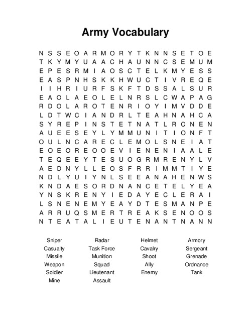Army Vocabulary Word Search Puzzle