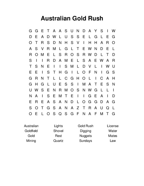 Australian Gold Rush Word Search Puzzle