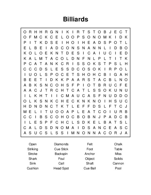 Billiards Word Search Puzzle
