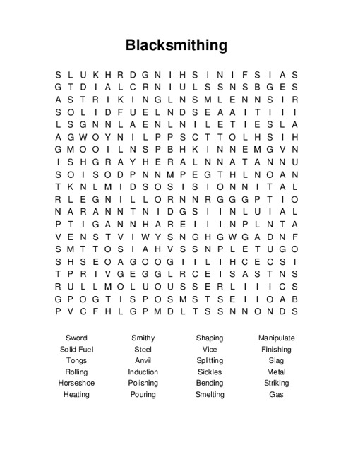 Blacksmithing Word Search Puzzle