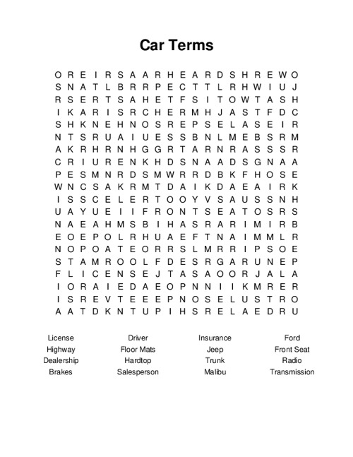 Car Terms Word Search Puzzle