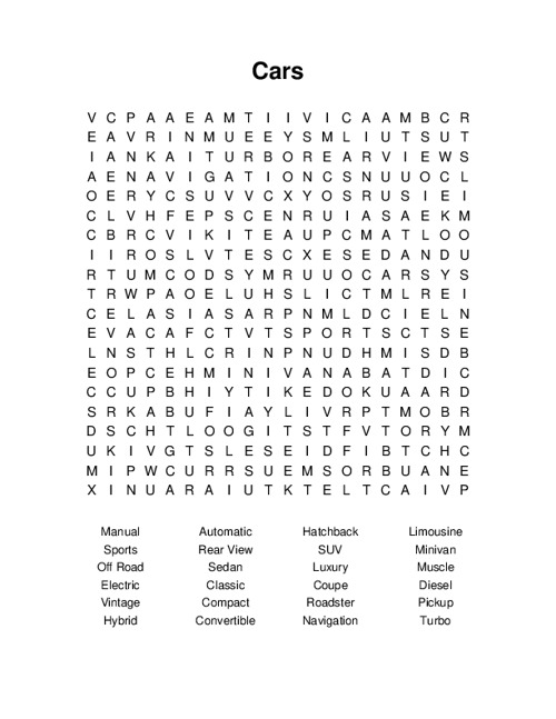 Cars Word Search Puzzle