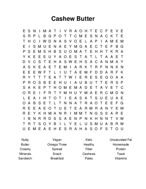 Cashew Butter Word Search Puzzle
