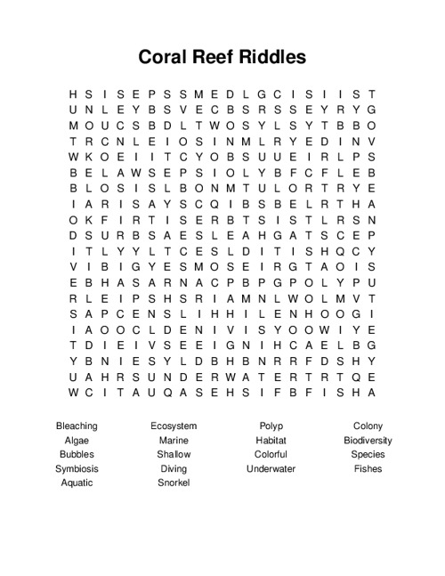 Coral Reef Riddles Word Search Puzzle