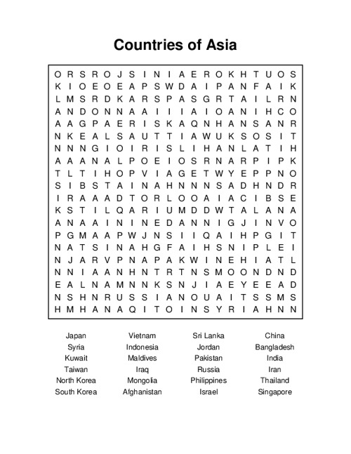 Countries of Asia Word Search Puzzle