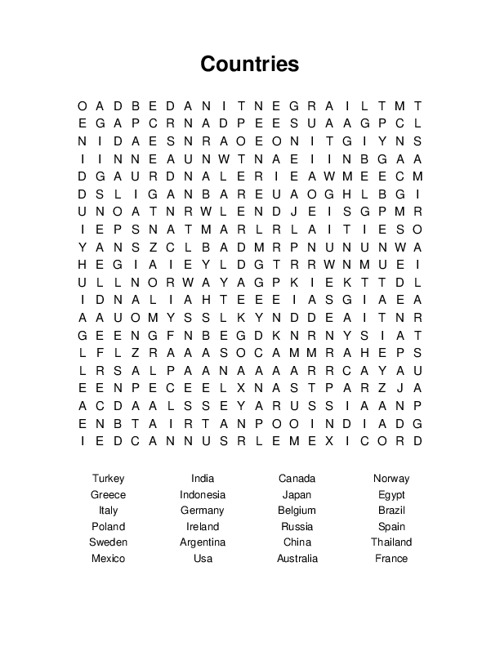 Countries Word Search Puzzle
