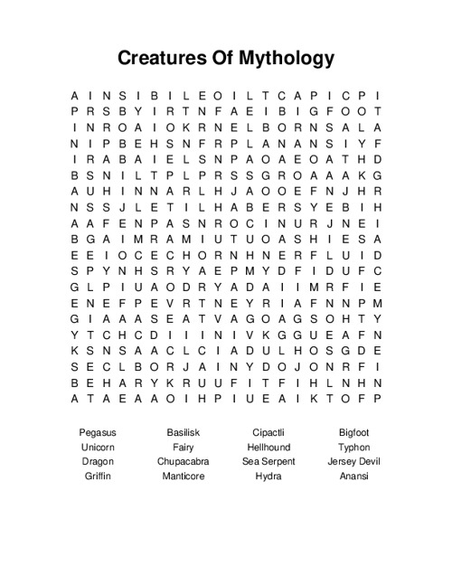 Creatures Of Mythology Word Search Puzzle