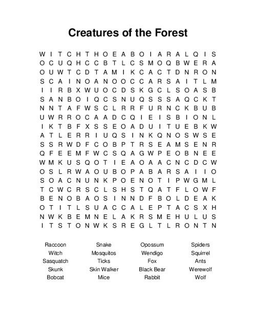 Creatures of the Forest Word Search Puzzle