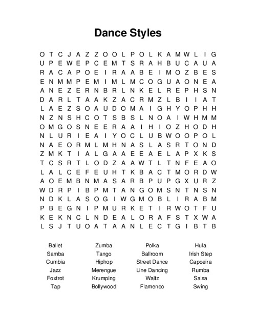 Dance Styles Word Search Puzzle