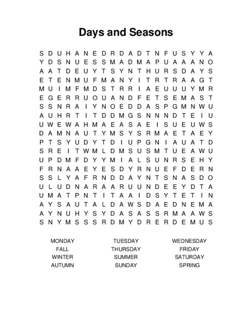 Days and Seasons Word Search Puzzle