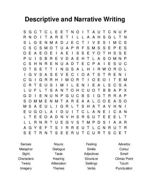 Descriptive and Narrative Writing Word Search Puzzle