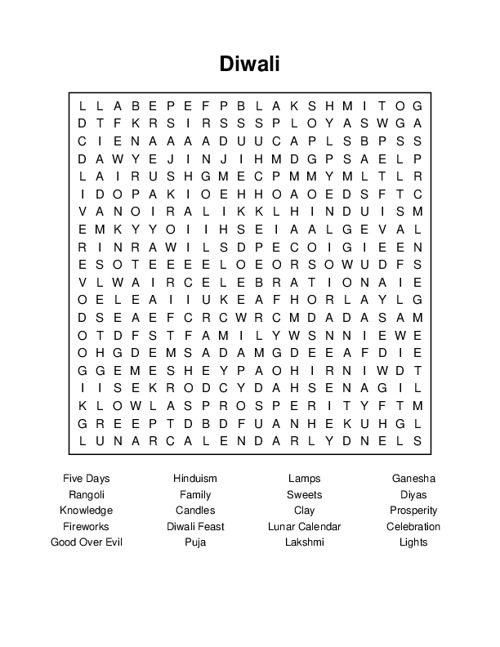 Diwali Word Search Puzzle