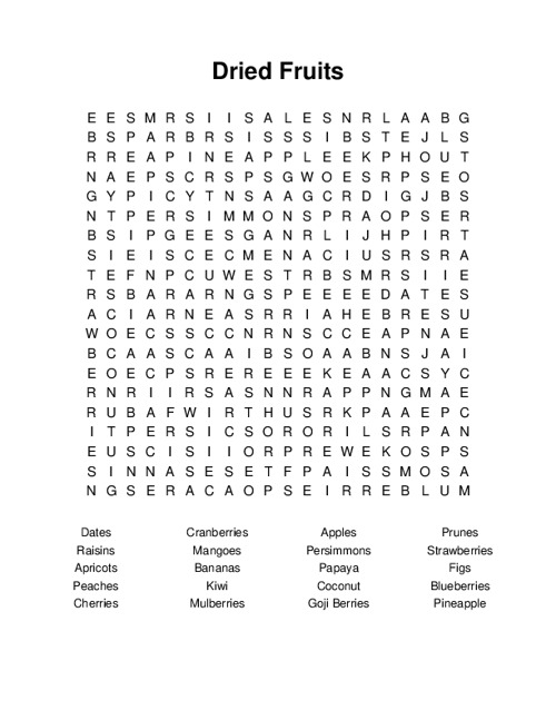 Dried Fruits Word Search Puzzle