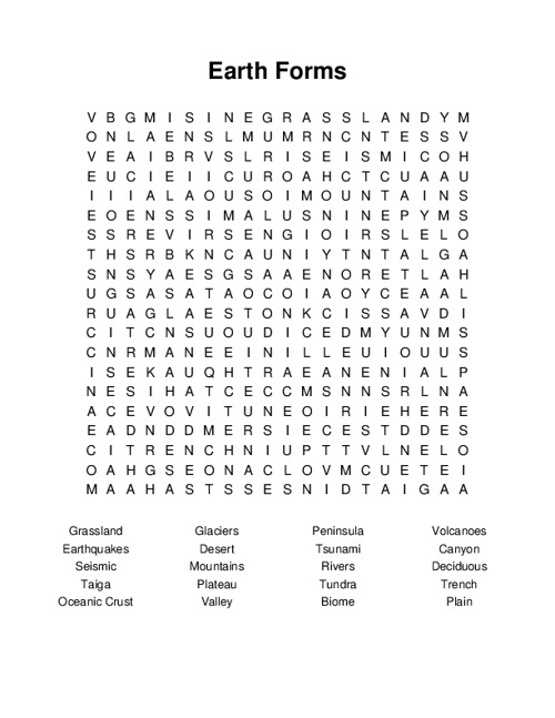 Earth Forms Word Search Puzzle