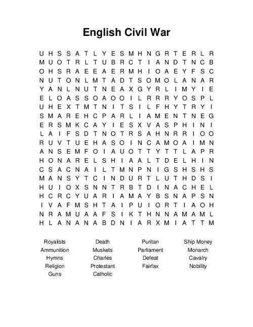 English Civil War Word Search Puzzle
