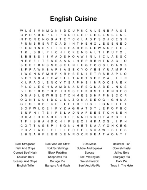 English Cuisine Word Search Puzzle