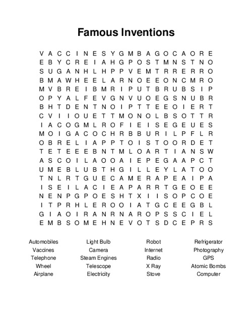 Famous Inventions Word Search Puzzle