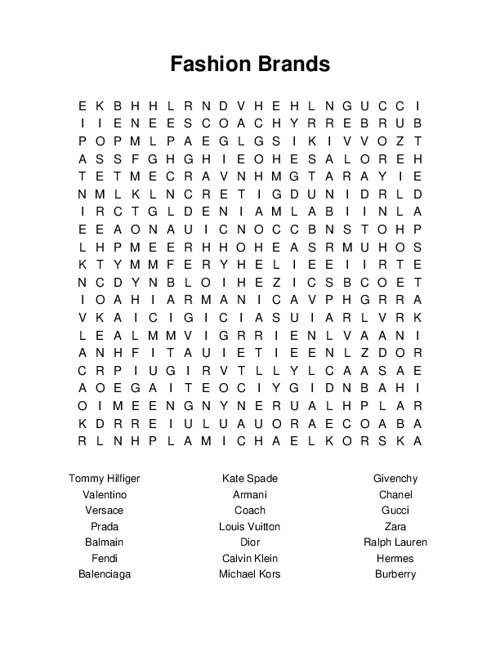 Fashion Brands Word Search Puzzle