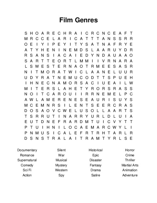 Film Genres Word Search Puzzle