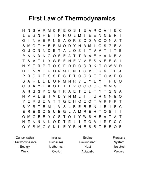 First Law of Thermodynamics Word Search Puzzle