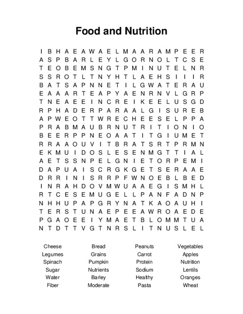 Food and Nutrition Word Search Puzzle