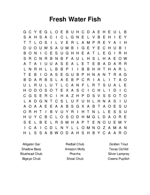 Fresh Water Fish Word Search Puzzle