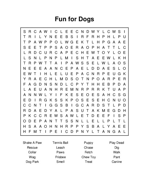 Fun for Dogs Word Search Puzzle
