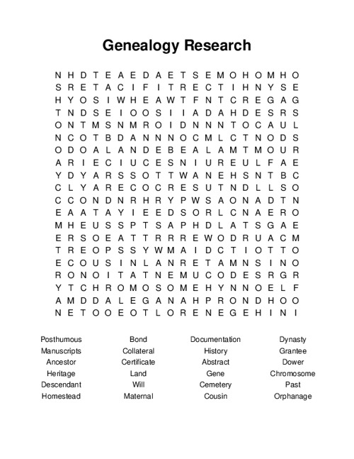 Genealogy Research Word Search Puzzle