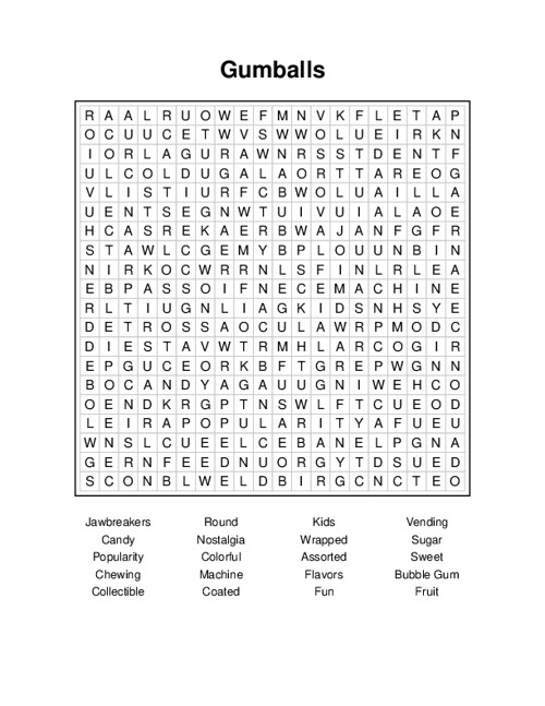 Gumballs Word Search Puzzle
