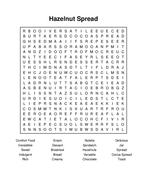 Hazelnut Spread Word Search Puzzle