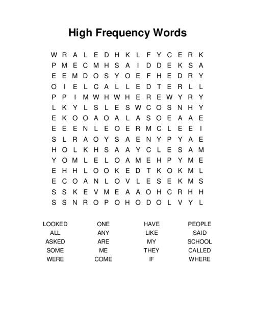 High Frequency Words Word Search Puzzle