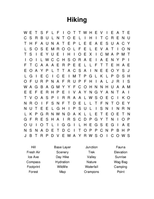 Hiking Word Search Puzzle