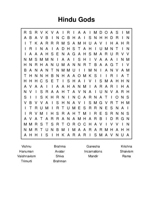 Hindu Gods Word Search Puzzle