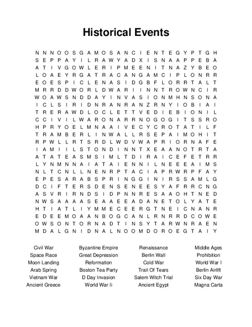 Historical Events Word Search Puzzle
