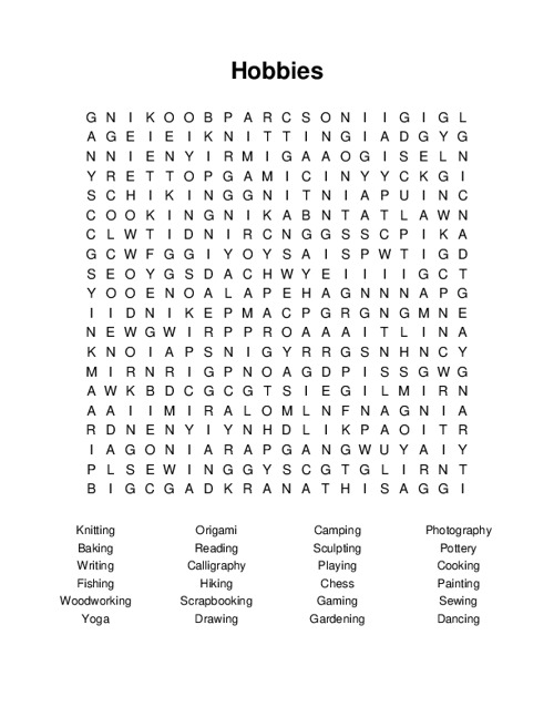 Hobbies Word Search Puzzle