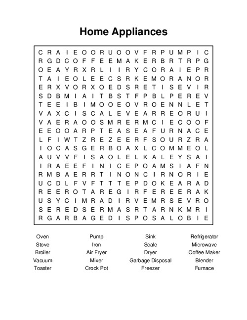 Home Appliances Word Search Puzzle