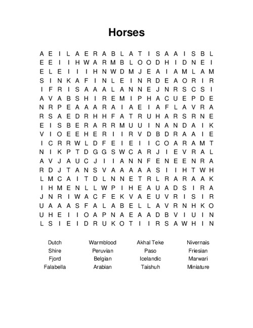 Horses Word Search Puzzle