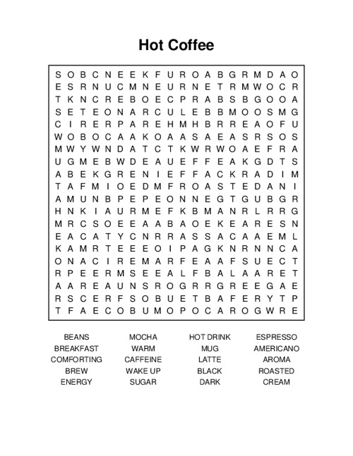 Hot Coffee Word Search Puzzle