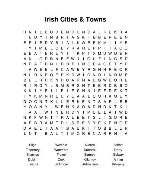 Irish Cities & Towns Word Search Puzzle