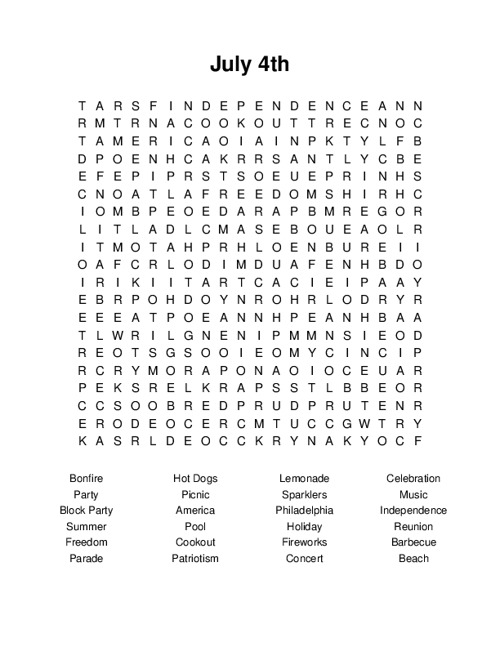 July 4th Word Search Puzzle