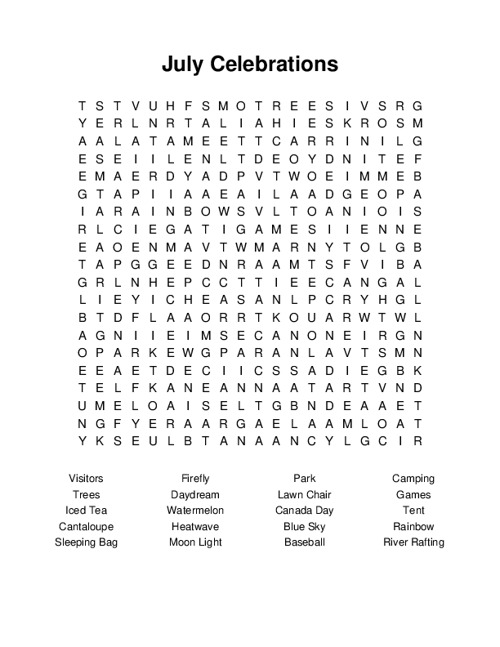 July Celebrations Word Search Puzzle