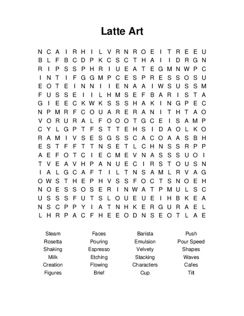 Latte Art Word Search Puzzle