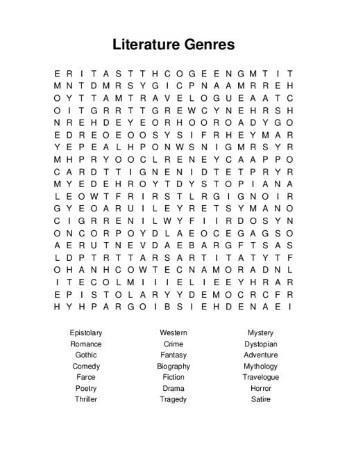 Literature Genres Word Search Puzzle