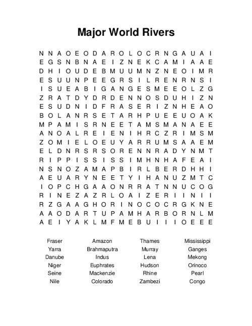 Major World Rivers Word Search Puzzle