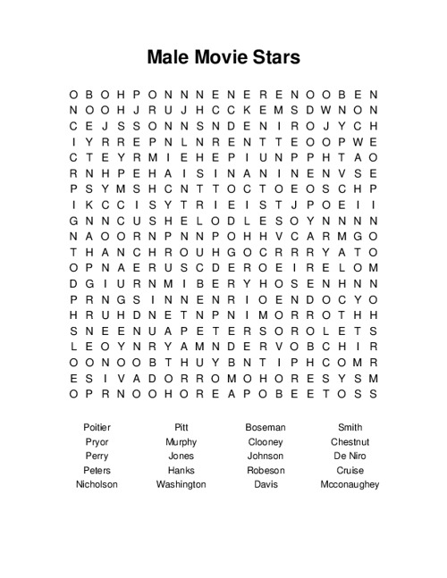 Male Movie Stars Word Search Puzzle