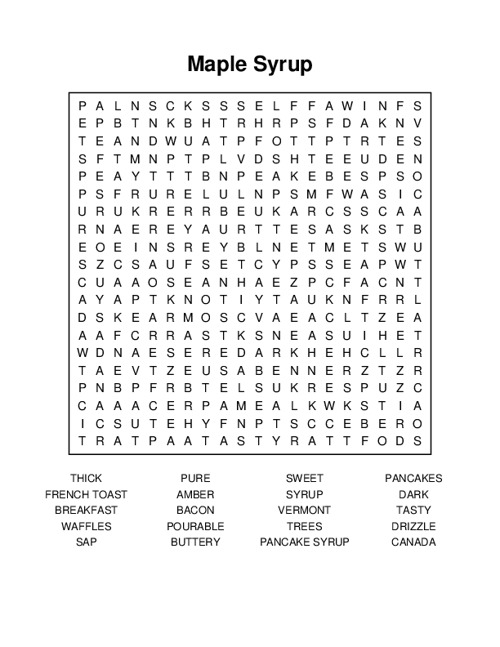 Maple Syrup Word Search Puzzle